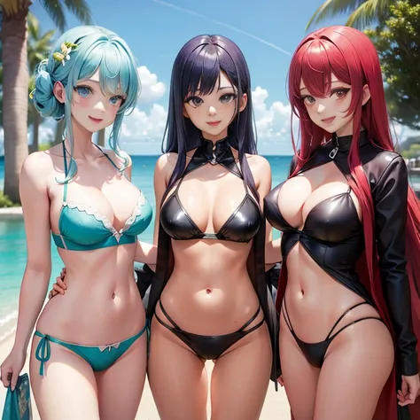 Harem、Three girls are depicted、colorful hair、beautiful girl、highest quality、laughter、beautiful girl、masterpiece、High-definition images、The girl on the left is cosplaying as a police officer.、The girl in the middle is off shoulder、The girl on the right is i...