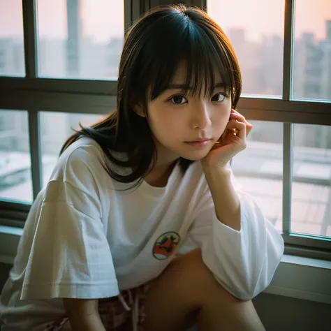 A young Japanese woman poses like a model by the window. Focal length 100mmf/2.8, early winter night, living room on the upper floor of a tower apartment, plain T-shirt and shorts, close-up of eyes, film quality.