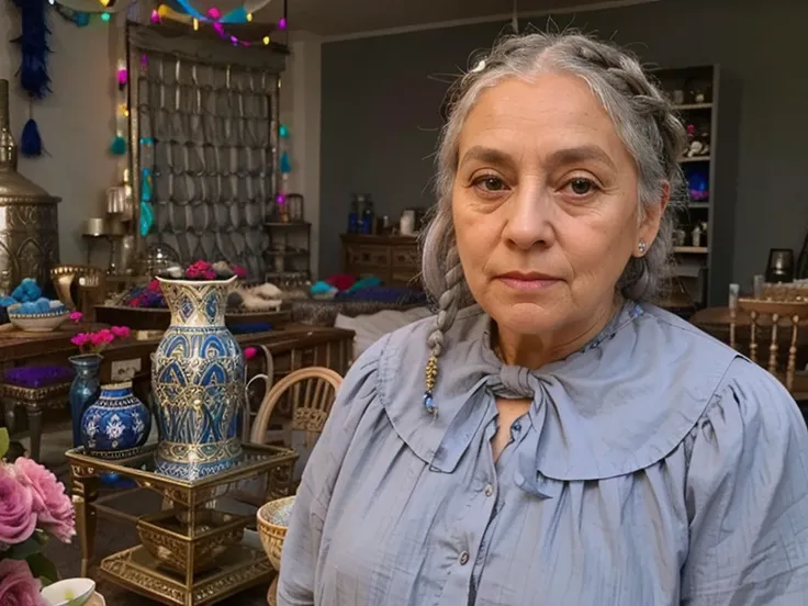 old woman, large eyes, gray hair tied in french braid, blue flowing dress, 19th century, in a room full of colorful middle eastern decorations 