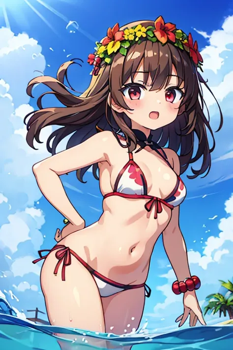 About 9 ~ 16 year old girl，red eyes，brown hair，white skin，swimsuit，There is a blush，wreath，Two-dimensional style