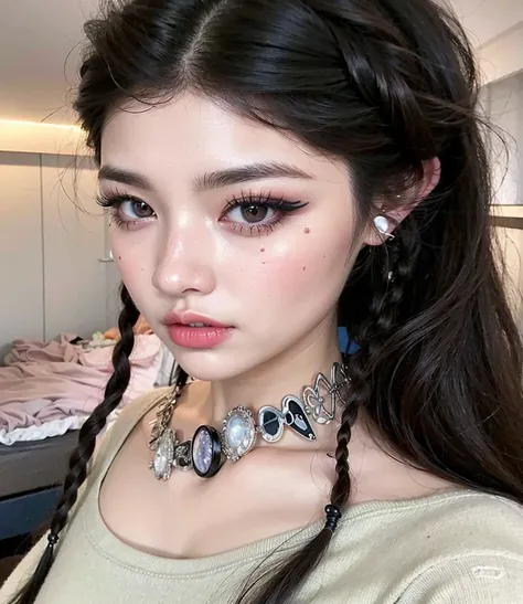 a close up of a woman with long hair wearing a necklace, with long hair and piercing eyes, sexy face with full makeup, belle delphine, black hair and large eyes, goth girl aesthetic, pale porcelain white skin, with gorgeous detailed eyes, cruel korean goth...