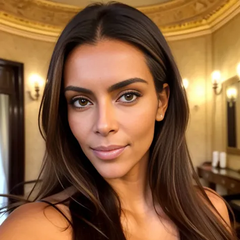 photo of a 1Latina woman (Cléo Pires), (Kim Kardashian) with long brown hair dyed blonde, taking a selfie in Paris, highly detailed and realistic photography in style