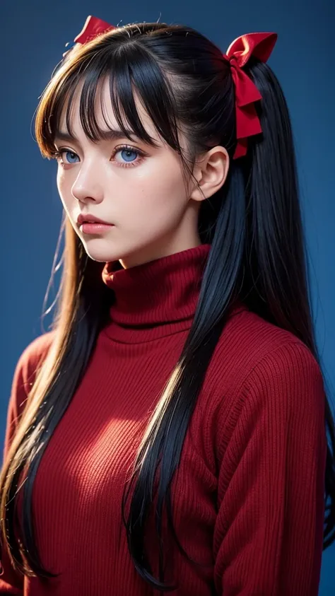 1girl, tohsaka rin, solo, long hair, sweater, red sweater, looking at viewer, blue background, black hair, simple background, two side up, turtleneck, blue eyes, lips, closed mouth, ribbon, hair ribbon, bangs, turtleneck sweater, upper body, parted bangs, ...