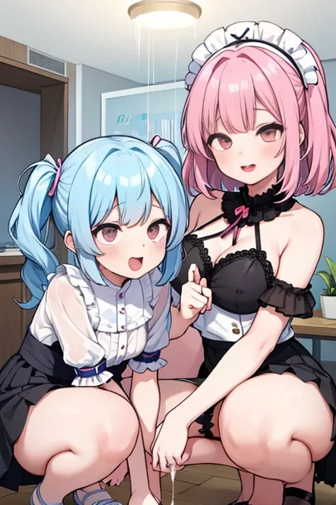 ((2girls①))、Beautiful Women、long and short cut、Girl with light blue hair、Girl with pink hair、big breasts、chest、Tight Skirt、garter belt、Black clothes、Skirtlift、Peeing、(pointy breasts)、large areolae、double peace、((see through))、panty shot、erect nipples、((clo...