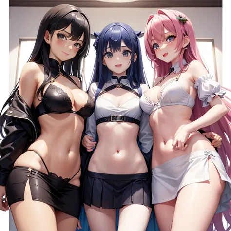 Harem、Three girls are depicted、colorful hair、beautiful girl、highest quality、laughter、beautiful girl、masterpiece、High-definition images、The girl on the left is cosplaying as a police officer.、The girl in the middle is off shoulder、The  on the right is see-t...