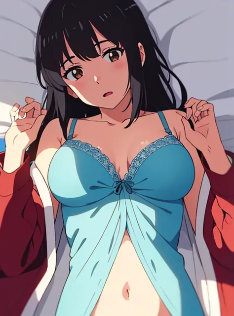 shinkai makoto, kimi no na wa., 1girl, bangs, black hair, brown eyes, worried eyes, open mouth, twisted half up, red ribbon, long hair, long sleeve light yellow cardigan, open shirt, white shirt, unbuttoned, medium breast, pink bra, navel, collarbone, blue...