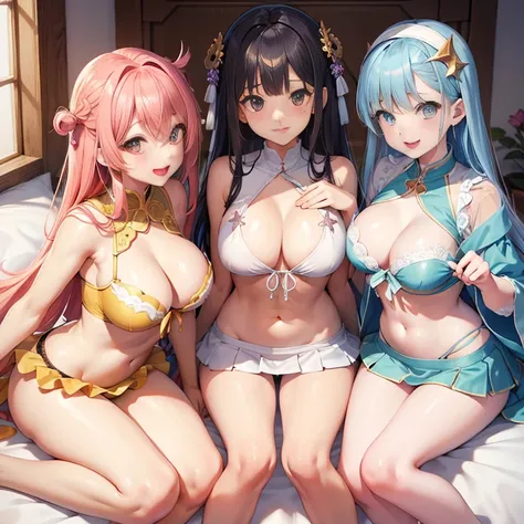 Harem、Angle from above、Three girls are depicted、looking up at the viewer、colorful hair、beautiful girl、highest quality、laughter、perfectly cropped face、masterpiece、High-definition images、Sukesuke clothes、The belly button is visible、cleavage exposure、Thigh em...