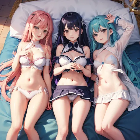 Harem、Angle from above、Two girls are depicted、looking up at the viewer、colorful hair、beautiful girl、highest quality、laughter、perfectly cropped face、masterpiece、High-definition images、Sukesuke clothes、The belly button is visible、cleavage exposure、Thigh emph...