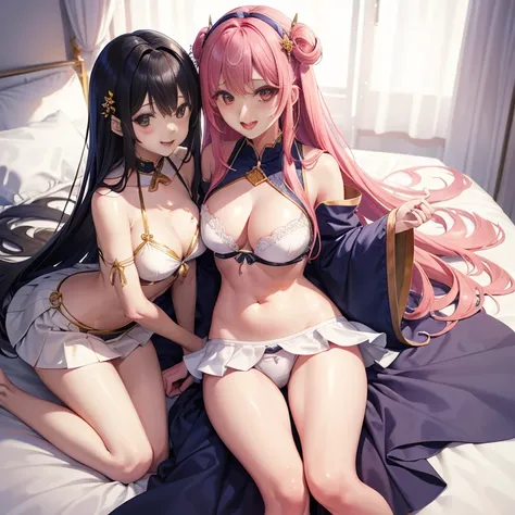 Harem、Angle from above、Two girls are depicted、looking up at the viewer、colorful hair、beautiful girl、highest quality、laughter、perfectly cropped face、masterpiece、High-definition images、Sukesuke clothes、The belly button is visible、cleavage exposure、Thigh emph...