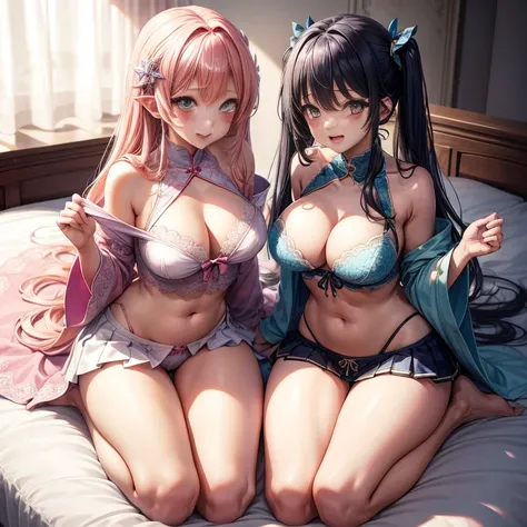 Harem、angle from above、Two girls are depicted、looking up at the viewer、colorful hair、beautiful girl、highest quality、laughter、Perfectly cropped face、masterpiece、High-definition images、Sukesuke clothes、The belly button is visible、cleavage exposure、Thigh emph...