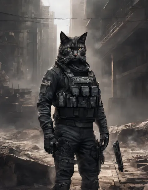 (best quality,highres:1.2),ultra-detailed,realistic,professional,human shaped body cat standing,sciefie black military suit,beautiful detailed eyes,beautiful detailed lips,military earphone,holding a gun,masterpiece:1.2,ultra-fine painting,photorealistic,p...