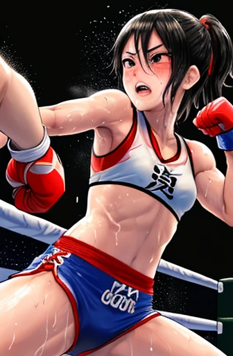 Beautiful mixed martial artist getting punched in the face。Match in the ring。six pack。whole body。scratch。drenched in sweat。shortness of breath。