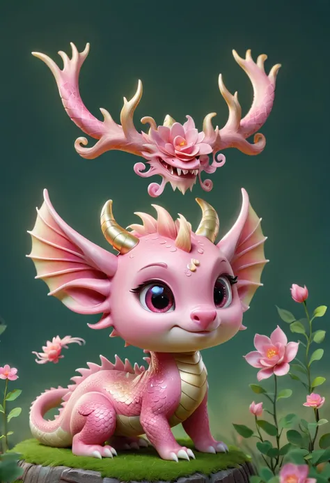 chinese dragon，q version，cute little dragon，pink space，festive atmosphere，spring festival，lovely antlers，chinese elements，cartoo...