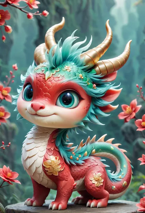 chinese dragon，q version，cute little dragon，red space，festive atmosphere，spring festival，lovely antlers，chinese elements，cartoon...