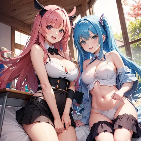 Harem、angle from below。Two girls are depicted、colorful hair、beautiful girl、highest quality、laughter、beautiful girl、masterpiece、High-definition images、wiping the table、The belly button is visible、cleavage exposure、Thigh emphasis、colorful school uniform、Suke...