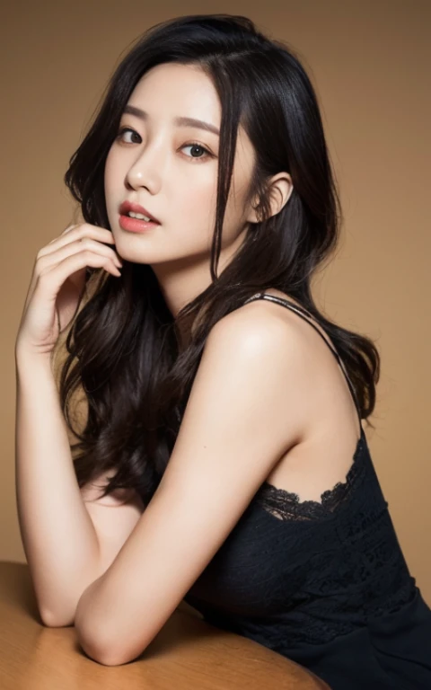 lace queen、full body shot, beautiful female body、A woman with the same face as last time(misaki)，sitting４Ｋ、１people&#39;s women、slender、 Loose wavy styling 、前からfull body shot、seductive and attractive,Including face and skin texture，detailed eyes、Looks like ...