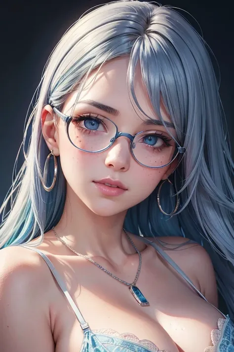 (best quality,4k,8k,highres,masterpiece:1.2),ultra-detailed,(realistic,photorealistic,photo-realistic:1.37),sexy nerd girl with blue hair in tiny lingerie,illustration,curly blue hair,breathtaking beauty,nerd glasses,flawless skin,piercing blue eyes,perfec...