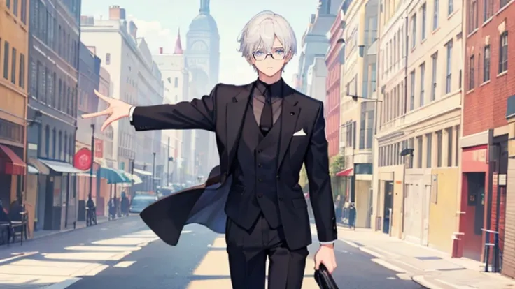 with short white hair，Handsome boy，black-frame glasses，Handsome face，brown suit，A full body，One-handed glasses,blue eyes