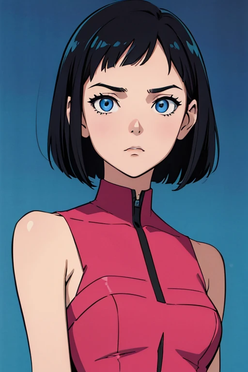 Comic, Masterpiece, outline, A high resolution, half tone, Upper body, black hair, bob cut, blue eyes, A girl, Solo, (looking toward the viewer:1.1), Simple background, Borderless panel, symetry, Katsuhiro Otomo art style, a pink dress, bare shoulders.