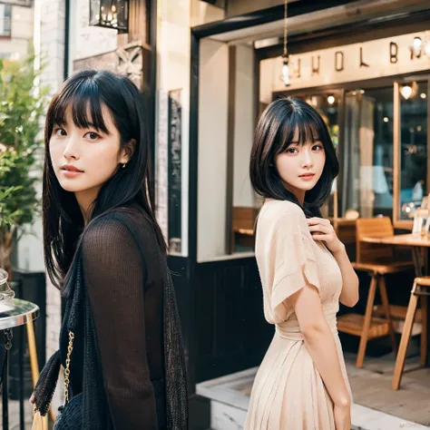 A woman in her early twenties set to make an appearance in a fashion magazine. She boasts graceful and demure black hair, with bangs cascading just above her eyes. The lustrous black hair enhances her beauty even more. Her deep brown eyes are impressive, p...