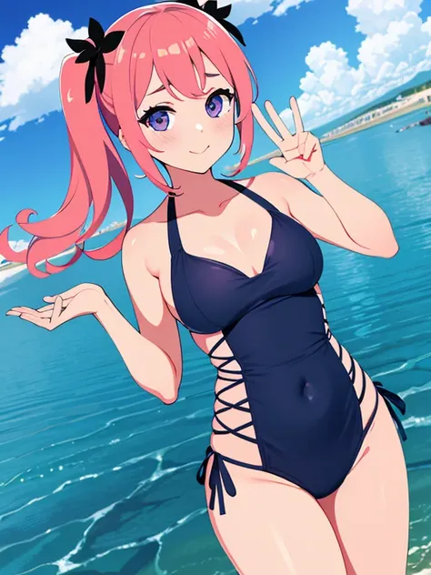 (masterpiece, high quality, high resolution, absurd, super detailed, 8k),real:1.5,(cross-laced one-piece swimsuit),cute face