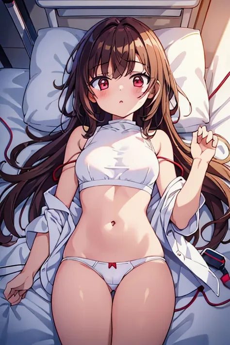 About 9 ~ 16 year old girl，red eyes，brown hair，white skin，wearing white underwear，Human transformation experiment，There is a blush，Lying on a hospital bed，wires connected，in a lab，Two-dimensional style