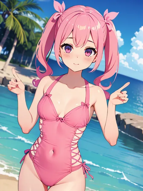 (masterpiece, high quality, high resolution, absurd, super detailed, 8k),real:1.5,(pink cross-laced one-piece swimsuit),cute face