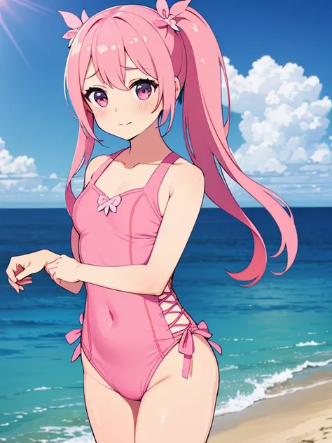 (masterpiece, high quality, high resolution, absurd, super detailed, 8k),real:1.5,(pink cross-laced one-piece swimsuit),cute face,neat and clean