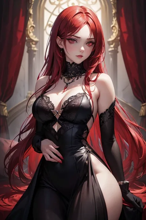 (best quality,4k,8k,highres,masterpiece:1.2),ultra-detailed,(realistic,photorealistic,photo-realistic:1.37),gothic redhead,very sexy,short dress,dark powers,penetrating gaze,intense eyes,flowing red hair,pale skin,powerful aura,dark atmosphere,mysterious b...