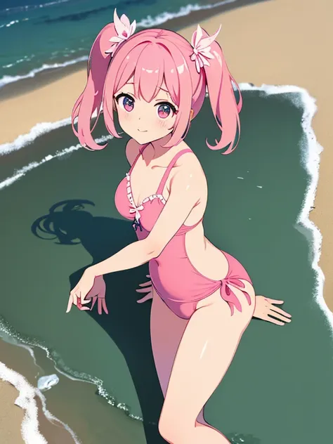 (masterpiece, high quality, high resolution, absurd, super detailed, 8k),real:1.5,(pink cross-laced one-piece swimsuit),cute face,neat and clean