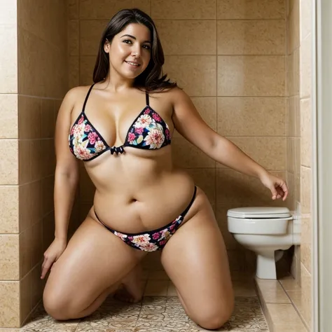 cute spanish woman,chubby body,She is wearing a micro bikini with a floral pattern..,In the large bathroom,Kneel with your legs open,facing forward