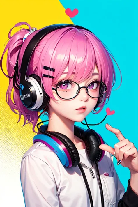 rainbow hair, ponytail, hairclip, hair ribbon, shades, mole under eye, heart-shaped pupils, headphones, bored