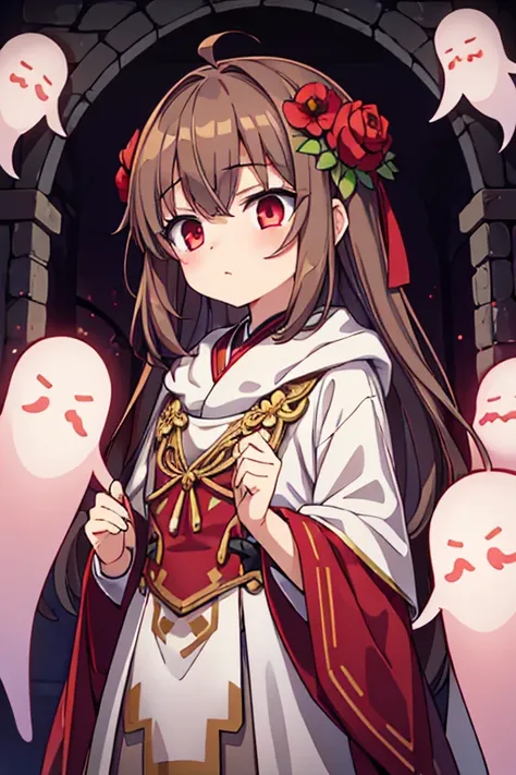 About 9 ~ 16 year old girl，red eyes，brown hair，white skin，There is a blush，Undead，Light-colored robes，wreath，Surrounded by ghosts，Two dimensional style ghost ghost