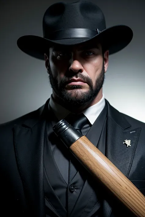 Huge man, gangster, black hat with brim in the style of the 30s, strict black suit, in an old bar, threatens with a baseball bat, eye contact, looks at the viewer, masterpiece, best quality, perfect detail, perfect face detail, perfect eye detail, perfect ...