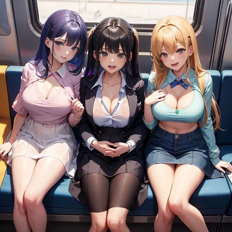 Angle from above、girls sandwich、Three girls are depicted、colorful hair、beautiful girl、highest quality、laughter、beautiful girl、masterpiece、High-definition images、The belly button is visible、colorful school uniform、Front opening、cleavage exposure、Thigh empha...