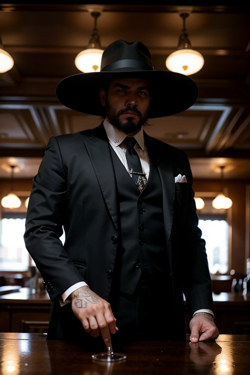 Huge man, gangster, black hat with brim in the style of the 30s, strict black suit, in an old bar, threatens , eye contact, looks at the viewer, masterpiece, best quality, perfect detail, perfect face detail, perfect eye detail, perfect detail  skin, depth...