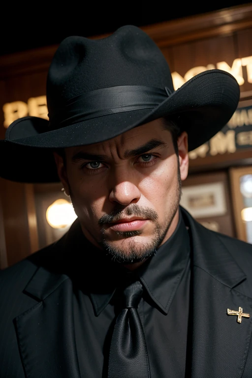 Huge man, gangster, black hat with brim in the style of the 30s, strict black suit, in an old bar, threatens , eye contact, looks at the viewer, masterpiece, best quality, perfect detail, perfect face detail, perfect eye detail, perfect detail  skin, depth...