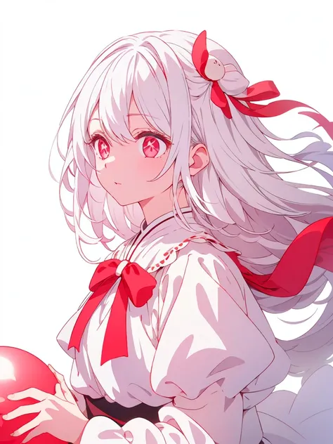 1 girl、white hair、red eyes、long hair、white lolita、balloon、ribbon、white background、simple background