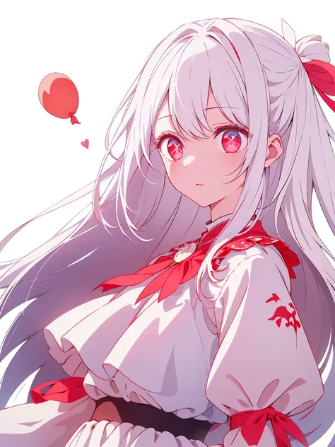 1 girl、white hair、red eyes、long hair、white lolita、balloon、ribbon、white background、simple background