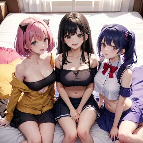 Angle from above、girls sandwich、Three girls are depicted、colorful hair、beautiful girl、highest quality、laughter、Beauty、2０age、masterpiece、High-definition images、sitting on the viewer&#39;s waist、The belly button is visible、colorful school uniform、off shoulde...