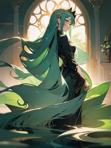 17-year-old 1girl with a graceful presence. She has long, flowing ebony hair that cascades down her back, often adorned with a delicate floral hairpin. Her eyes are a deep shade of emerald green, reflecting both wisdom and a hint of mystery.