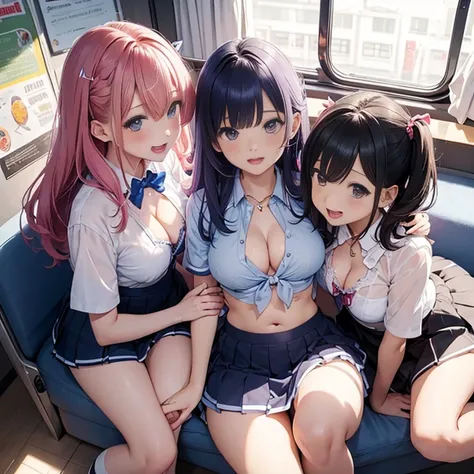 Angle from above、girls sandwich、Three girls are depicted、colorful hair、beautiful girl、highest quality、laughter、beautiful girl、masterpiece、High-definition images、The belly button is visible、colorful school uniform、Front opening、cleavage exposure、Thigh empha...