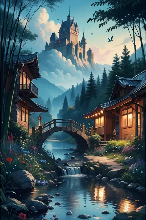 highest quality,16K Ultra Clear,twilight,cloud,flower garden,scarecrow,butterfly,stream,bamboo bridge,stone,lots of chalets,very detailed,Super detailed,painting of a,contrast of light and dark,perfect composition,