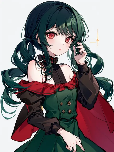 1 girl、deep green hair、red eyes、black dress、straight face、white background、simple background