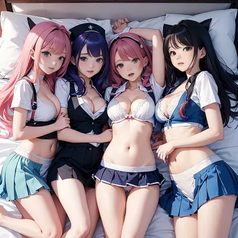 Angle from above、girls sandwich、Three girls are depicted、colorful hair、beautiful girl、highest quality、laughter、beautiful girl、masterpiece、High-definition images、The belly button is visible、Nurse Uniform、cleavage exposure、Thigh emphasis、on the bed、25 years ...