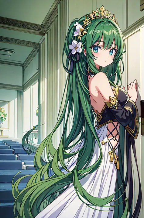 17-year-old 1girl with a graceful presence. She has long, flowing ebony hair that cascades down her back, often adorned with a delicate floral hairpin. Her eyes are a deep shade of emerald green, reflecting both wisdom and a hint of mystery.