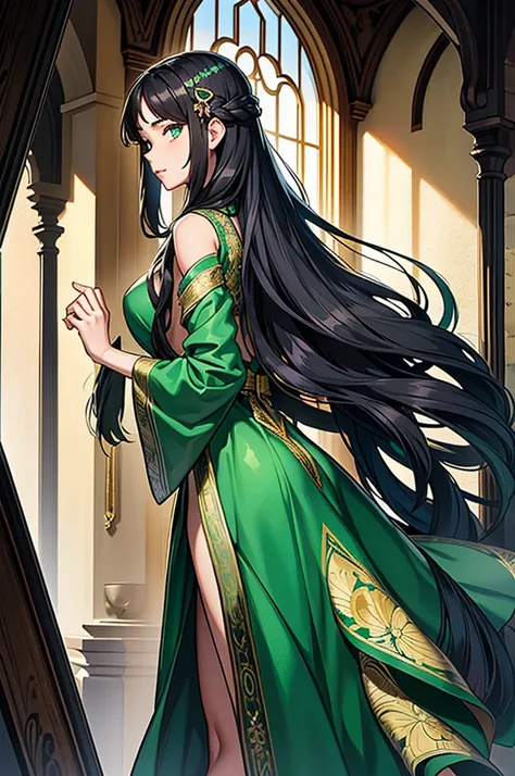 17-year-old 1girl with a graceful presence. She has long, flowing ebony hair that cascades down her back, often adorned with a delicate floral hairpin. Her eyes are a deep shade of emerald green, reflecting both wisdom and a hint of mystery.