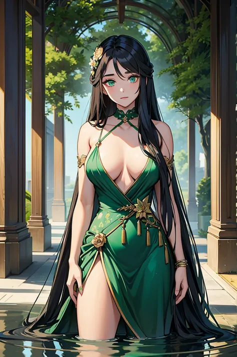 17-year-old 1girl with a graceful presence. She has long, flowing ebony hair that cascades down her back, often adorned with a delicate floral hairpin. Her eyes are a deep shade of emerald green, reflecting both wisdom and a hint of mystery.