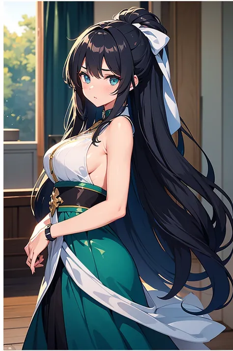 17-year-old 1girl with a graceful presence. She has long, flowing ebony hair that cascades down her back, often adorned with a delicate floral hairpin. Her eyes are a deep shade of emerald green, reflecting both wisdom and a hint of mystery.