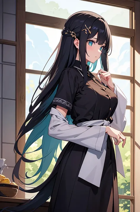 17-year-old 1girl with a graceful presence. She has long, flowing ebony hair that cascades down her back, often adorned with a delicate floral hairpin. Her eyes are a deep shade of emerald green, reflecting both wisdom and a hint of mystery.